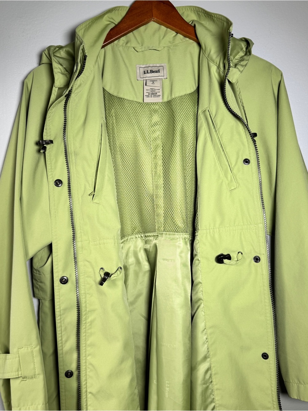 L.L.Bean full length hooded trench raincoat light olive lime shade Women's S - Picture 9 of 16